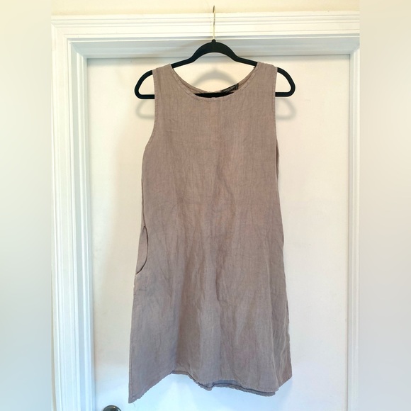 Lungo Larno 100% Linen dress women’s size small grey Pockets scoop Neck office - Picture 2 of 8